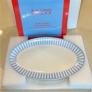 Round House Sicily Stripe Serving Platter – Blue & White Bone China (13”)